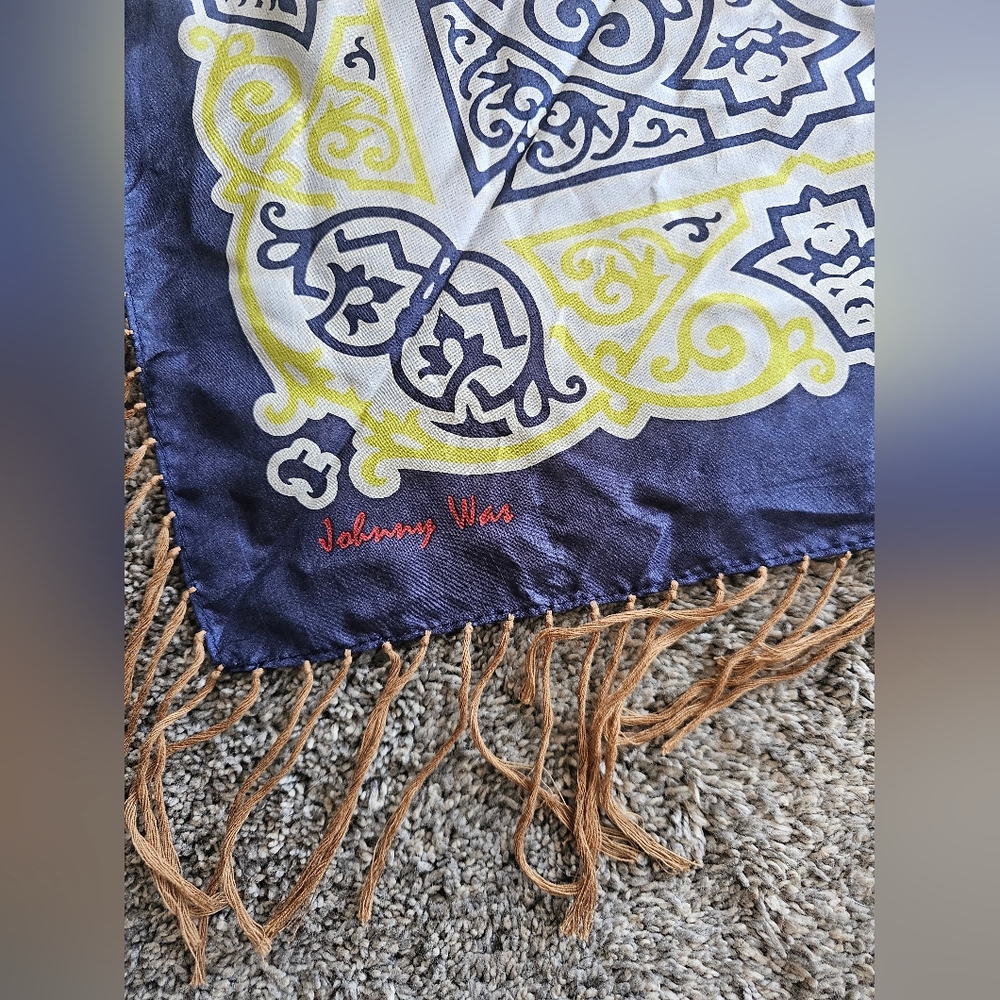 Johnny Was Silk Scarf 44 X 44 In. Navy, Goldenrod, Blue, Red